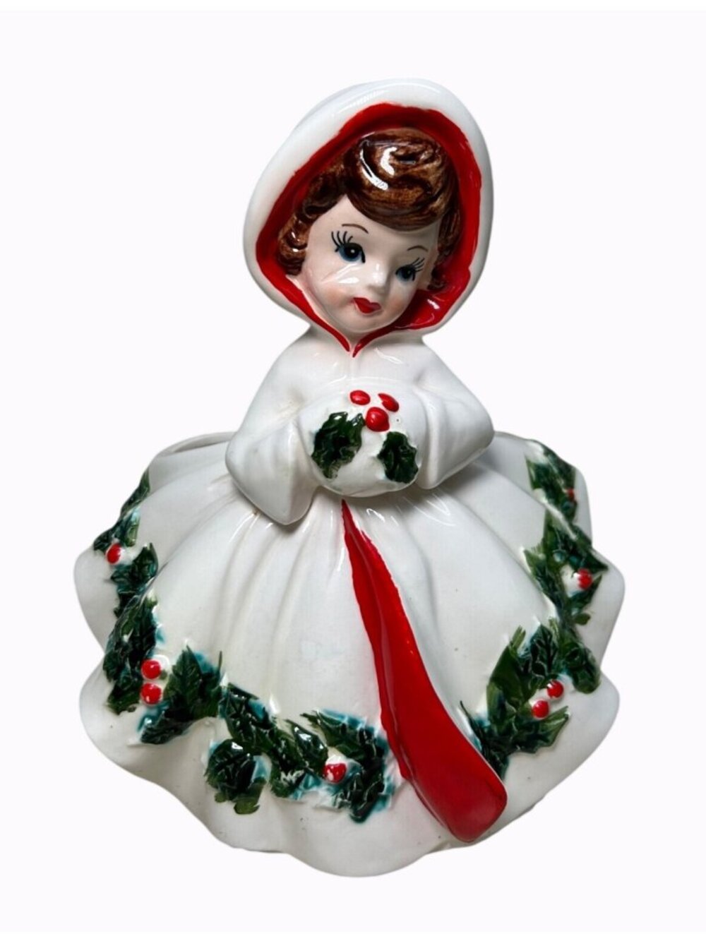 Vintage Relpo Ceramic Christmas Girl Planter With Holly Red Hooded Cape 6024